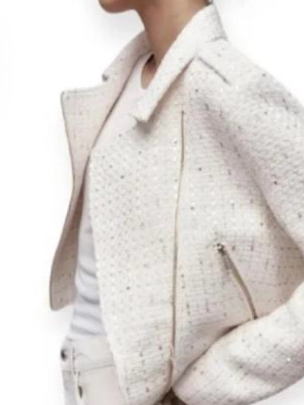 Zara Woven Tweed Cream Zip-Front Jacket